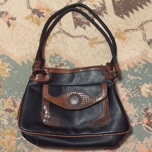 Bueno Black & Brown Leather Mixed Media Shoulder Bag Filagree Braided Straps